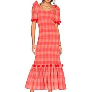 Piper Maxi Dress by Sundress / Revolve .. Neon orange smocked material Pom poms